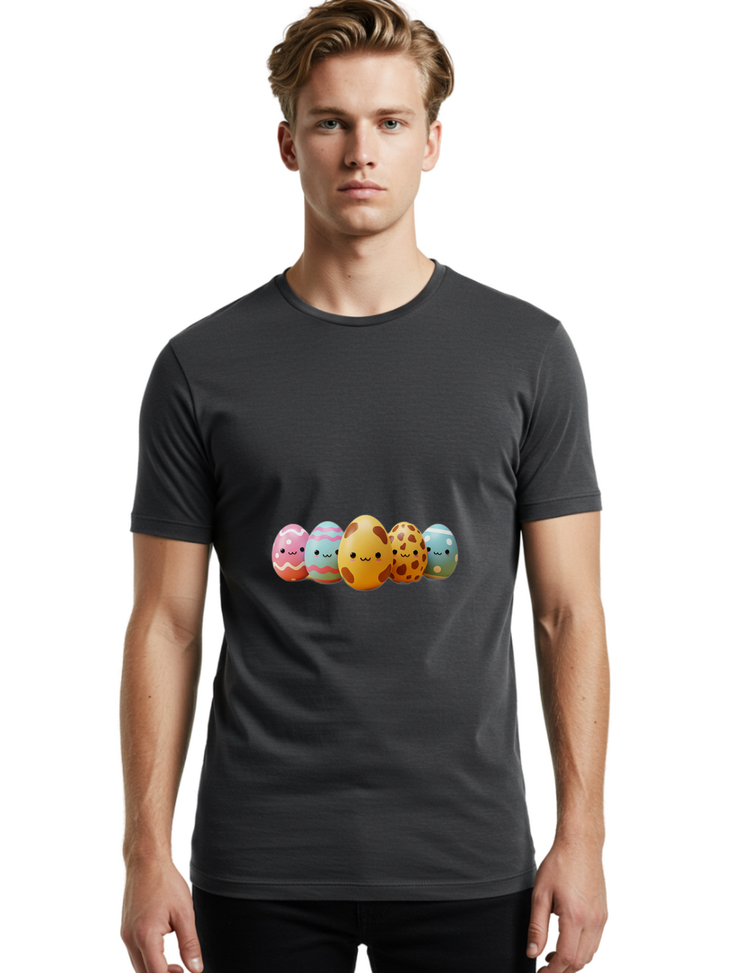 Smiling-Easter-Eggs Men'S Graphic Tee, 100% Cotton, Comfortable Casual Summer Wear, Machine Washable, Easter Eggs, Decorated Eggs, Colorful Eggs, Egg Designs, Spring Decoration, Easter Theme, Cartoon Eggs, Festive Eggs, Pastel Colors, Bab414