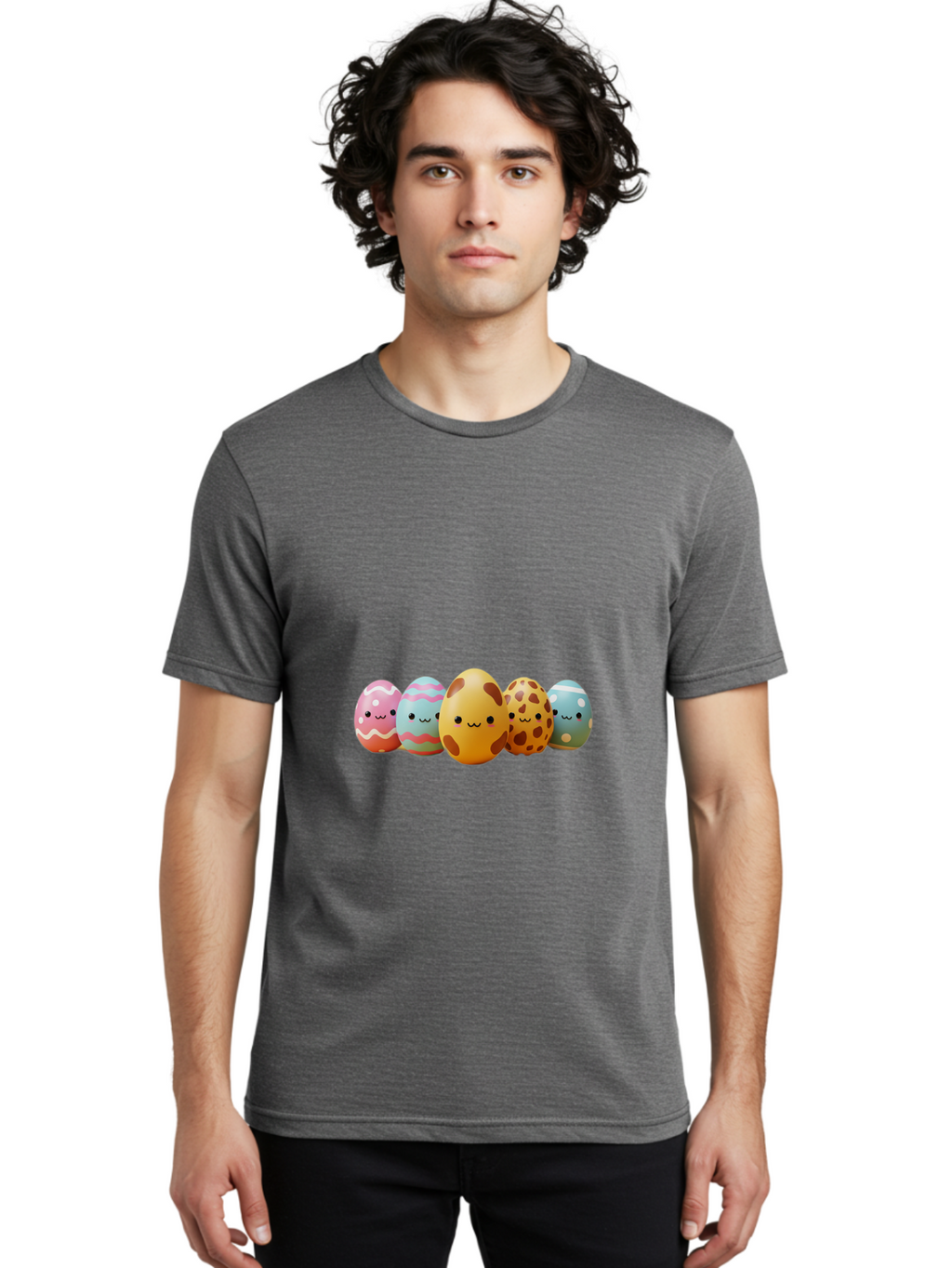 Smiling-Easter-Eggs Men'S Graphic Tee, 100% Cotton, Comfortable Casual Summer Wear, Machine Washable, Easter Eggs, Decorated Eggs, Colorful Eggs, Egg Designs, Spring Decoration, Easter Theme, Cartoon Eggs, Festive Eggs, Pastel Colors, Bab414