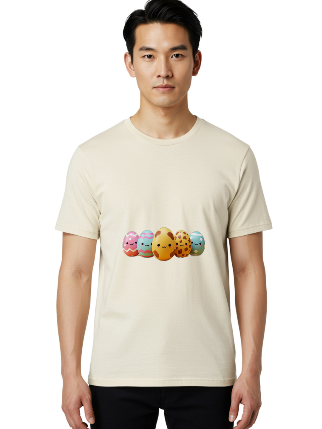 Smiling-Easter-Eggs Men'S Graphic Tee, 100% Cotton, Comfortable Casual Summer Wear, Machine Washable, Easter Eggs, Decorated Eggs, Colorful Eggs, Egg Designs, Spring Decoration, Easter Theme, Cartoon Eggs, Festive Eggs, Pastel Colors, Bab414
