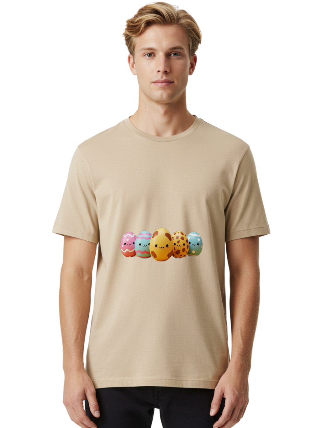 Smiling-Easter-Eggs Men'S Graphic Tee, 100% Cotton, Comfortable Casual Summer Wear, Machine Washable, Easter Eggs, Decorated Eggs, Colorful Eggs, Egg Designs, Spring Decoration, Easter Theme, Cartoon Eggs, Festive Eggs, Pastel Colors, Bab414