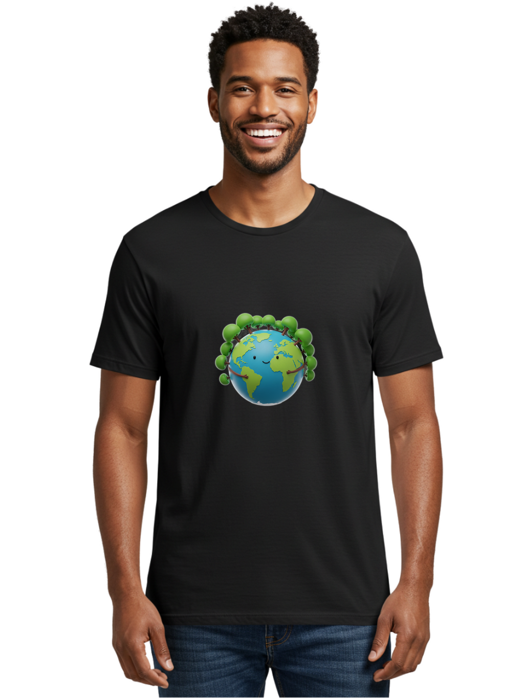 Smiling-Globe Men'S Graphic Tee, 100% Cotton, Comfortable Casual Summer Wear, Machine Washable, Cartoon Globe, Happy Earth, Smiling Planet, Green Leaves, Eco-Friendly, Environmental Awareness, Conservation, Sustainability, Global Unity Bab416