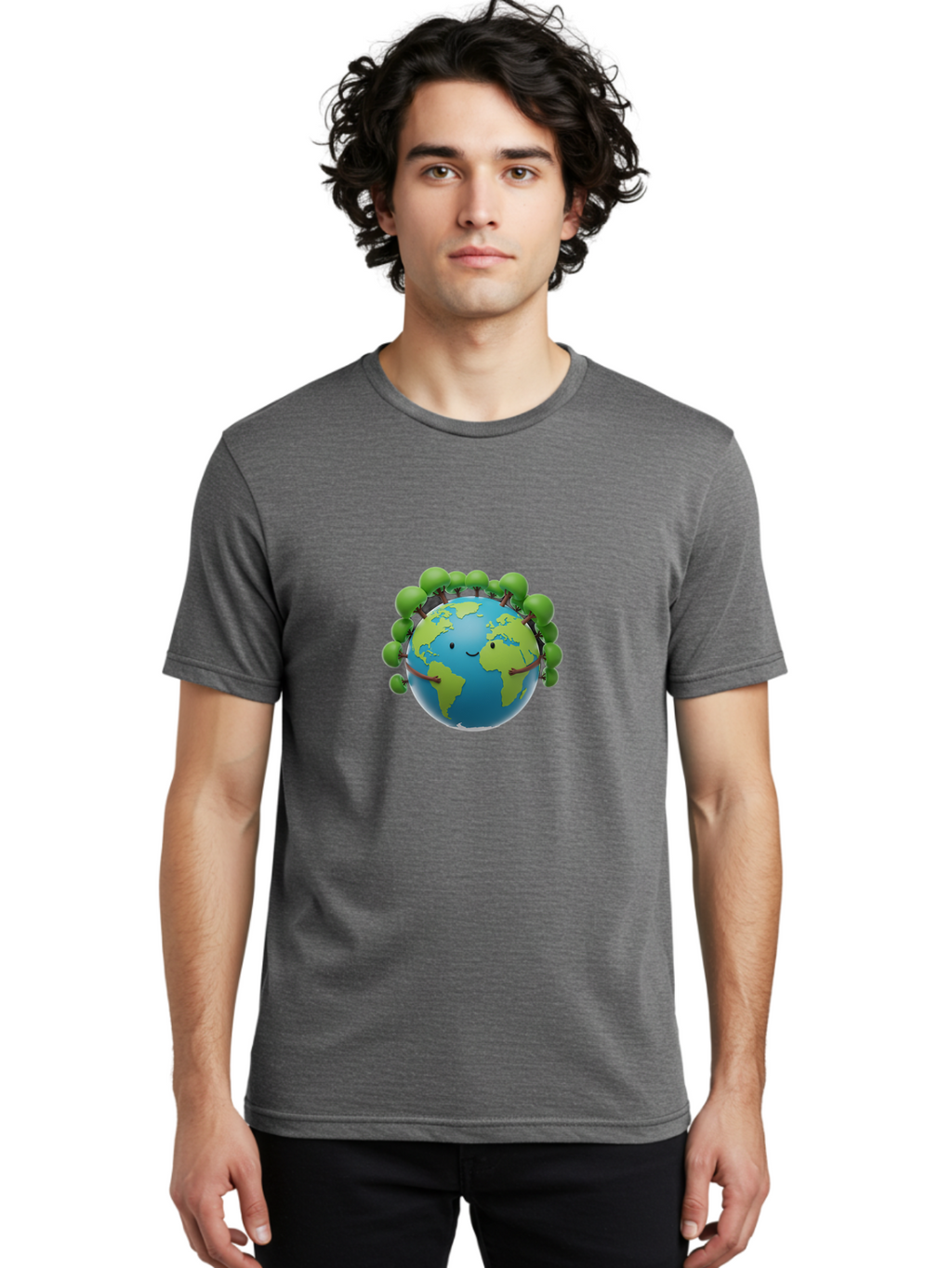 Smiling-Globe Men'S Graphic Tee, 100% Cotton, Comfortable Casual Summer Wear, Machine Washable, Cartoon Globe, Happy Earth, Smiling Planet, Green Leaves, Eco-Friendly, Environmental Awareness, Conservation, Sustainability, Global Unity Bab416