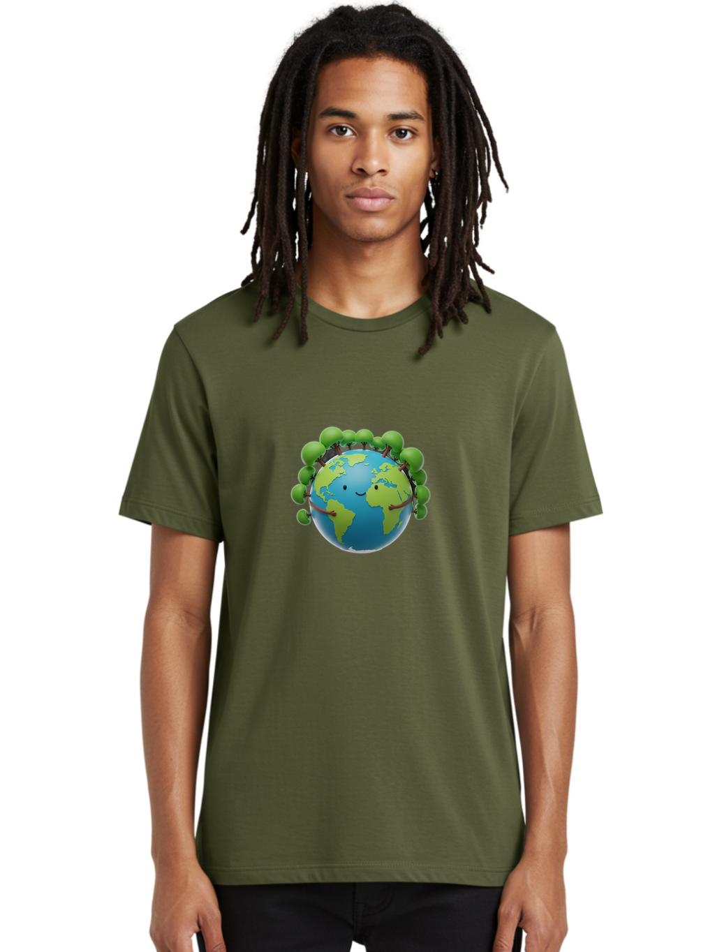 Smiling-Globe Men'S Graphic Tee, 100% Cotton, Comfortable Casual Summer Wear, Machine Washable, Cartoon Globe, Happy Earth, Smiling Planet, Green Leaves, Eco-Friendly, Environmental Awareness, Conservation, Sustainability, Global Unity Bab416