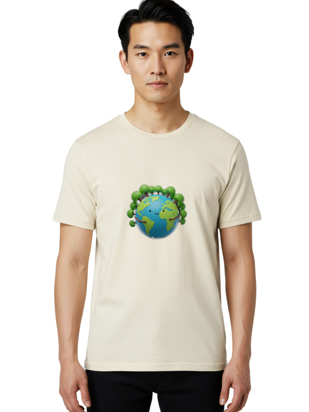 Smiling-Globe Men'S Graphic Tee, 100% Cotton, Comfortable Casual Summer Wear, Machine Washable, Cartoon Globe, Happy Earth, Smiling Planet, Green Leaves, Eco-Friendly, Environmental Awareness, Conservation, Sustainability, Global Unity Bab416