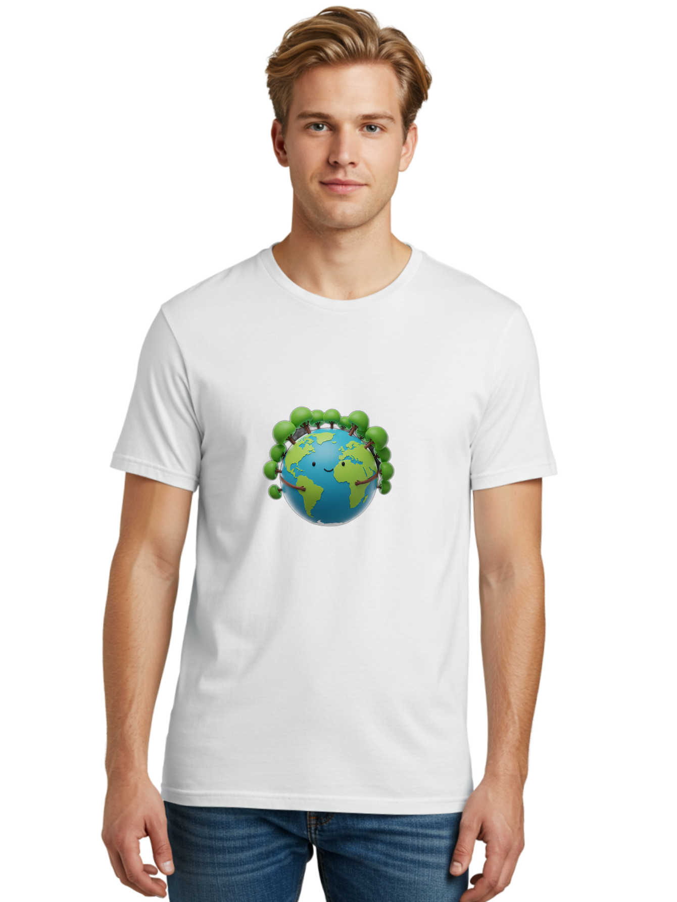 Smiling-Globe Men'S Graphic Tee, 100% Cotton, Comfortable Casual Summer Wear, Machine Washable, Cartoon Globe, Happy Earth, Smiling Planet, Green Leaves, Eco-Friendly, Environmental Awareness, Conservation, Sustainability, Global Unity Bab416