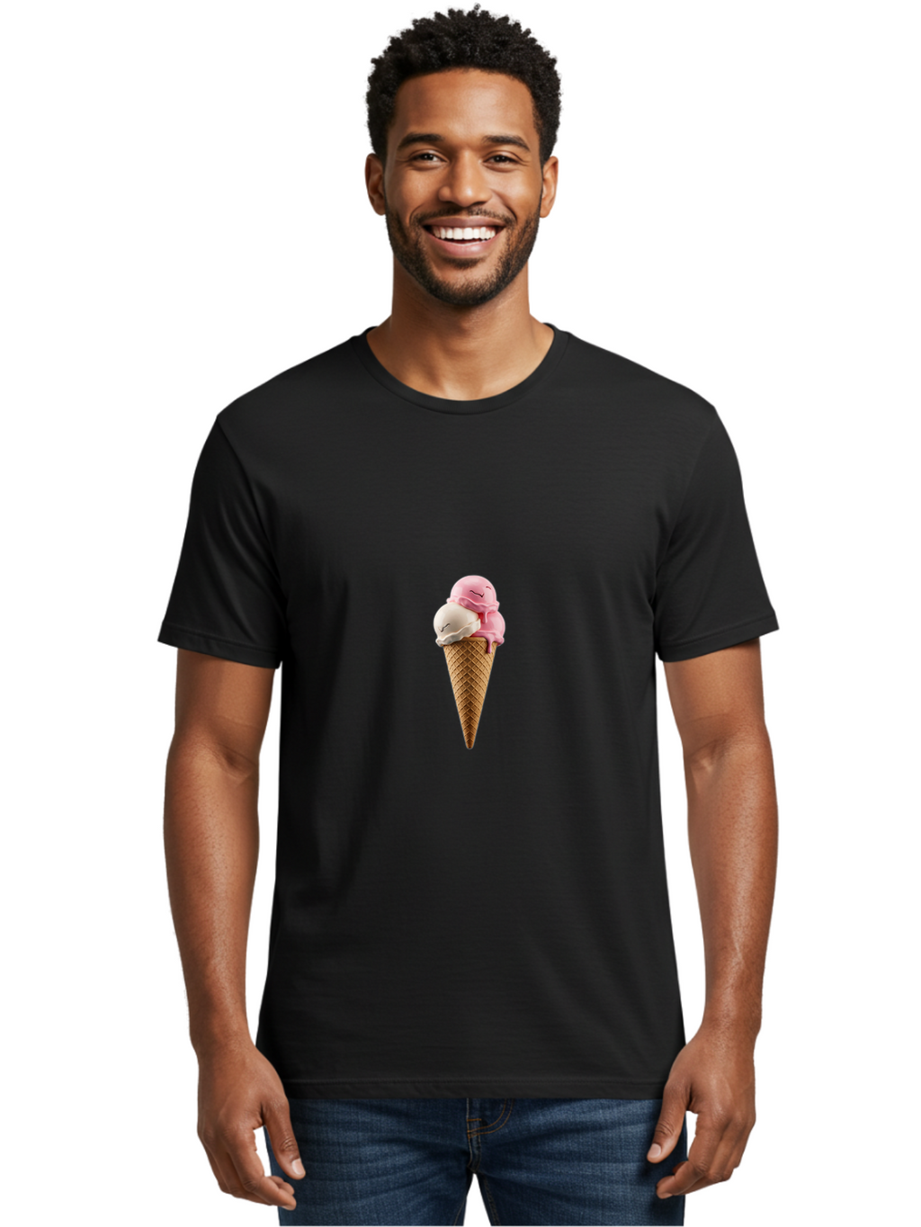 Smiling-Ice-Cream Men'S Graphic Tee, 100% Cotton, Comfortable Casual Summer Wear, Machine Washable, Ice Cream Cone, Pastel Colors, Smiling Ice Cream, Sweet Treats, Cartoonish Vibe, Playful Dessert, Summertime Snack, Fun Food, Kawaii Bab417