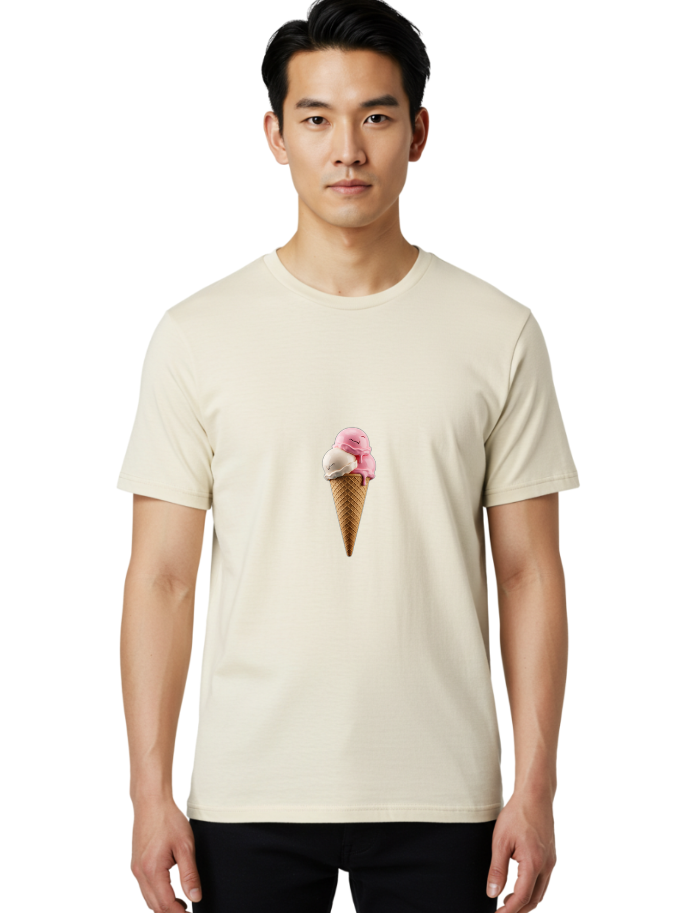 Smiling-Ice-Cream Men'S Graphic Tee, 100% Cotton, Comfortable Casual Summer Wear, Machine Washable, Ice Cream Cone, Pastel Colors, Smiling Ice Cream, Sweet Treats, Cartoonish Vibe, Playful Dessert, Summertime Snack, Fun Food, Kawaii Bab417