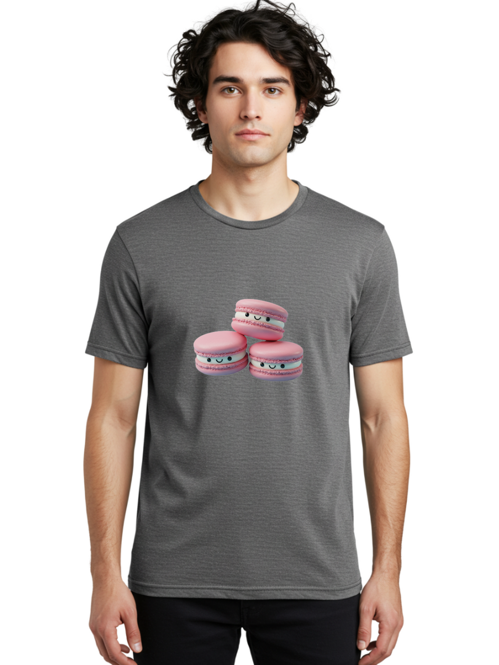 Smiling-Macarons-1 Men'S Graphic Tee, 100% Cotton, Comfortable Casual Summer Wear, Machine Washable, Pink Macarons, Smiley Faces, Cartoon Style, French Patisserie, Sweet Treats, Desserts, Bakery Items, Fun Food, Cute Pastries, Bab418