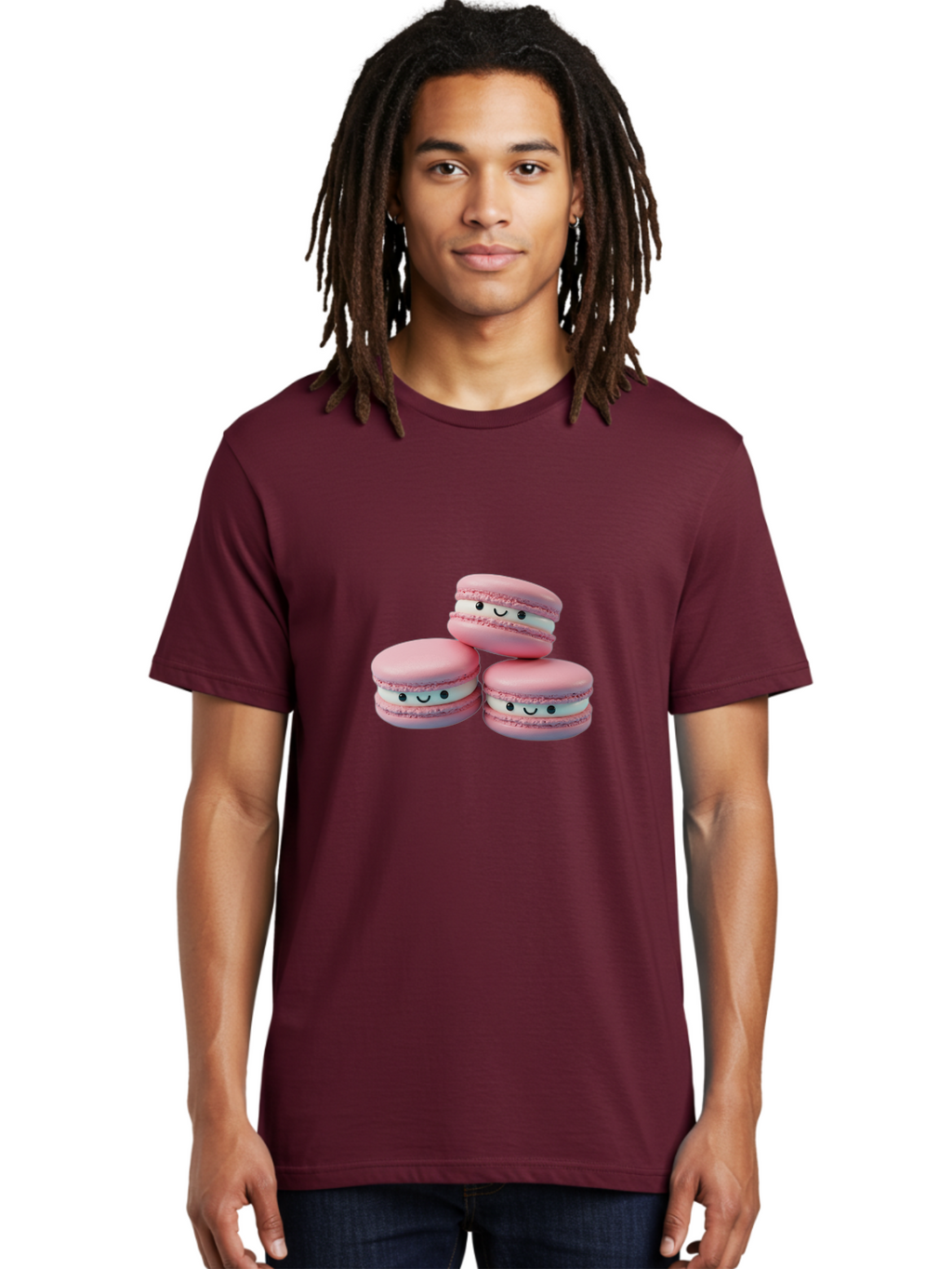 Smiling-Macarons-1 Men'S Graphic Tee, 100% Cotton, Comfortable Casual Summer Wear, Machine Washable, Pink Macarons, Smiley Faces, Cartoon Style, French Patisserie, Sweet Treats, Desserts, Bakery Items, Fun Food, Cute Pastries, Bab418