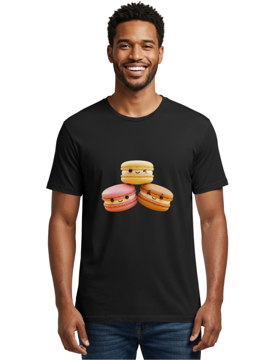 Smiling-Macarons-2 Men'S Graphic Tee, 100% Cotton, Comfortable Casual Summer Wear, Machine Washable, Colorful Macarons, Smiling Faces, Pastel Colors, Sweet Treats, Dessert, French Patisserie, Whimsical Design, Cute Pastries, Bakery Delights Bab419