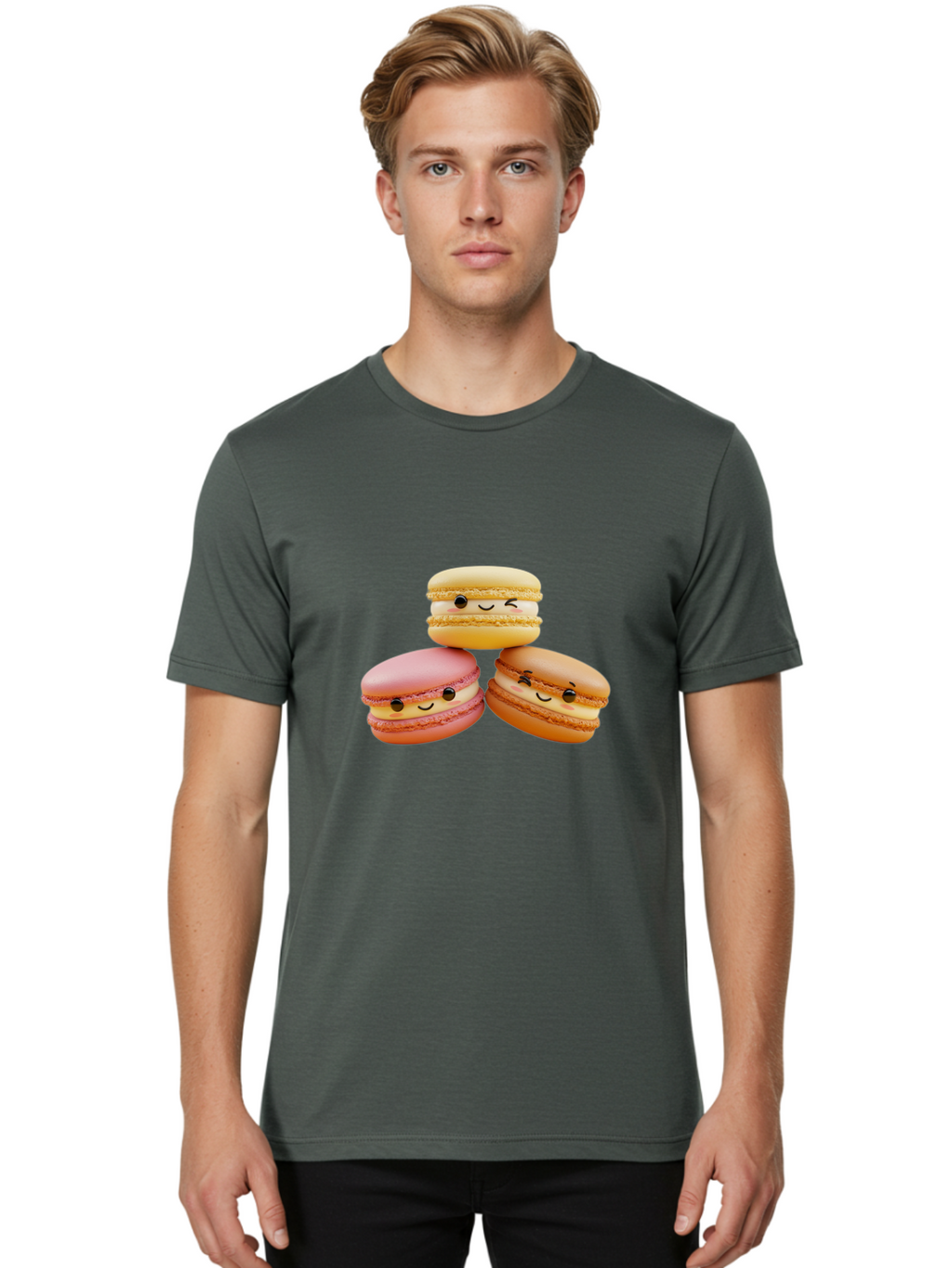 Smiling-Macarons-2 Men'S Graphic Tee, 100% Cotton, Comfortable Casual Summer Wear, Machine Washable, Colorful Macarons, Smiling Faces, Pastel Colors, Sweet Treats, Dessert, French Patisserie, Whimsical Design, Cute Pastries, Bakery Delights Bab419