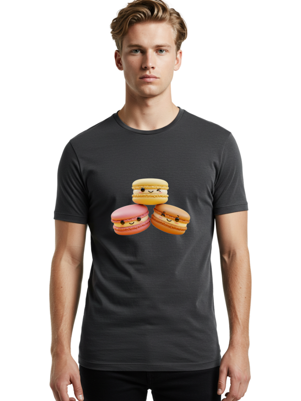 Smiling-Macarons-2 Men'S Graphic Tee, 100% Cotton, Comfortable Casual Summer Wear, Machine Washable, Colorful Macarons, Smiling Faces, Pastel Colors, Sweet Treats, Dessert, French Patisserie, Whimsical Design, Cute Pastries, Bakery Delights Bab419