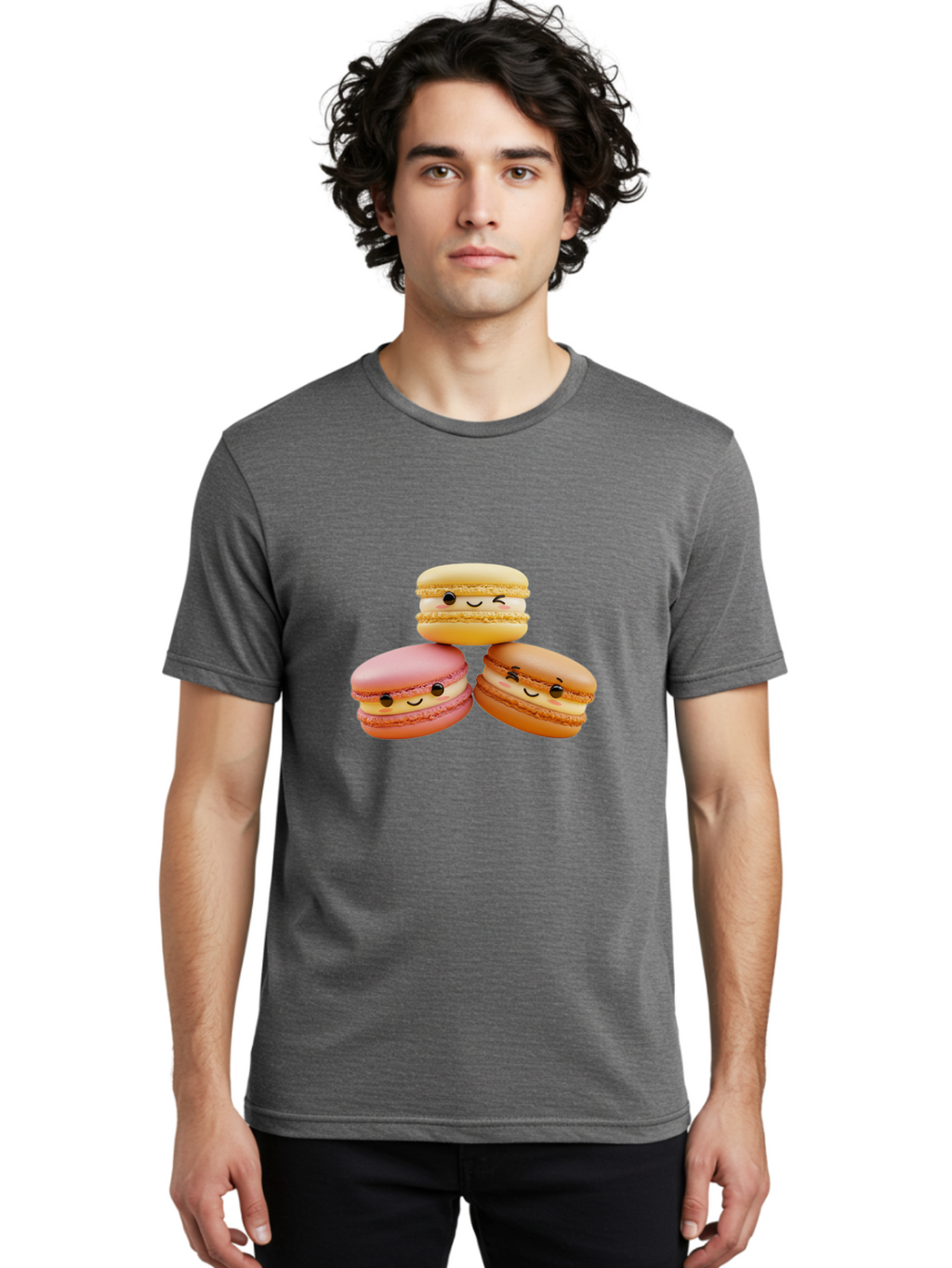 Smiling-Macarons-2 Men'S Graphic Tee, 100% Cotton, Comfortable Casual Summer Wear, Machine Washable, Colorful Macarons, Smiling Faces, Pastel Colors, Sweet Treats, Dessert, French Patisserie, Whimsical Design, Cute Pastries, Bakery Delights Bab419