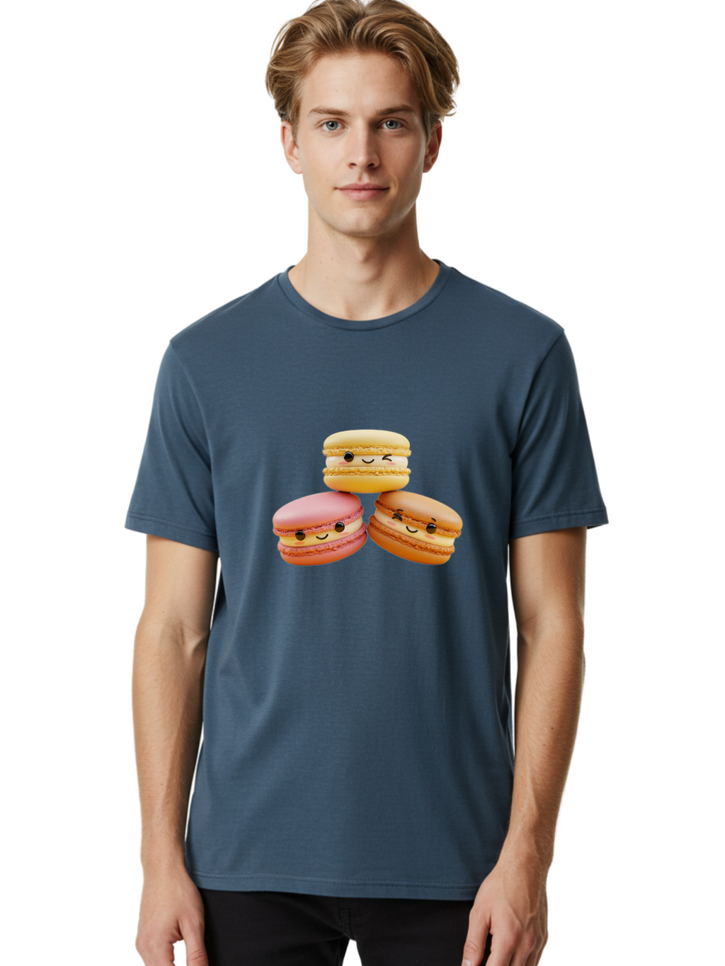 Smiling-Macarons-2 Men'S Graphic Tee, 100% Cotton, Comfortable Casual Summer Wear, Machine Washable, Colorful Macarons, Smiling Faces, Pastel Colors, Sweet Treats, Dessert, French Patisserie, Whimsical Design, Cute Pastries, Bakery Delights Bab419