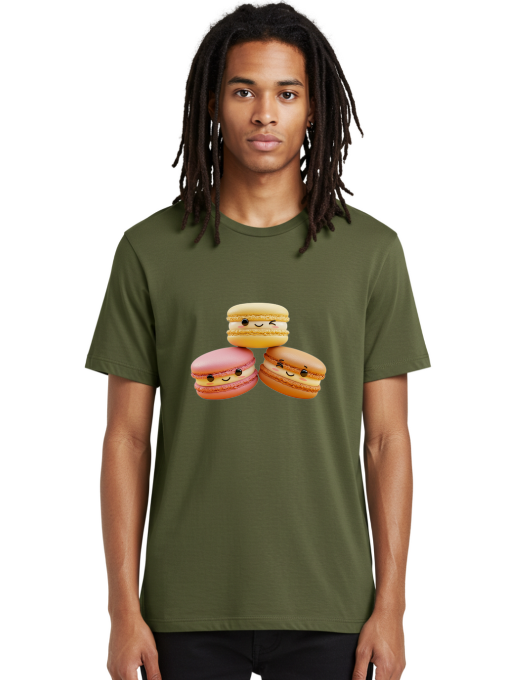 Smiling-Macarons-2 Men'S Graphic Tee, 100% Cotton, Comfortable Casual Summer Wear, Machine Washable, Colorful Macarons, Smiling Faces, Pastel Colors, Sweet Treats, Dessert, French Patisserie, Whimsical Design, Cute Pastries, Bakery Delights Bab419