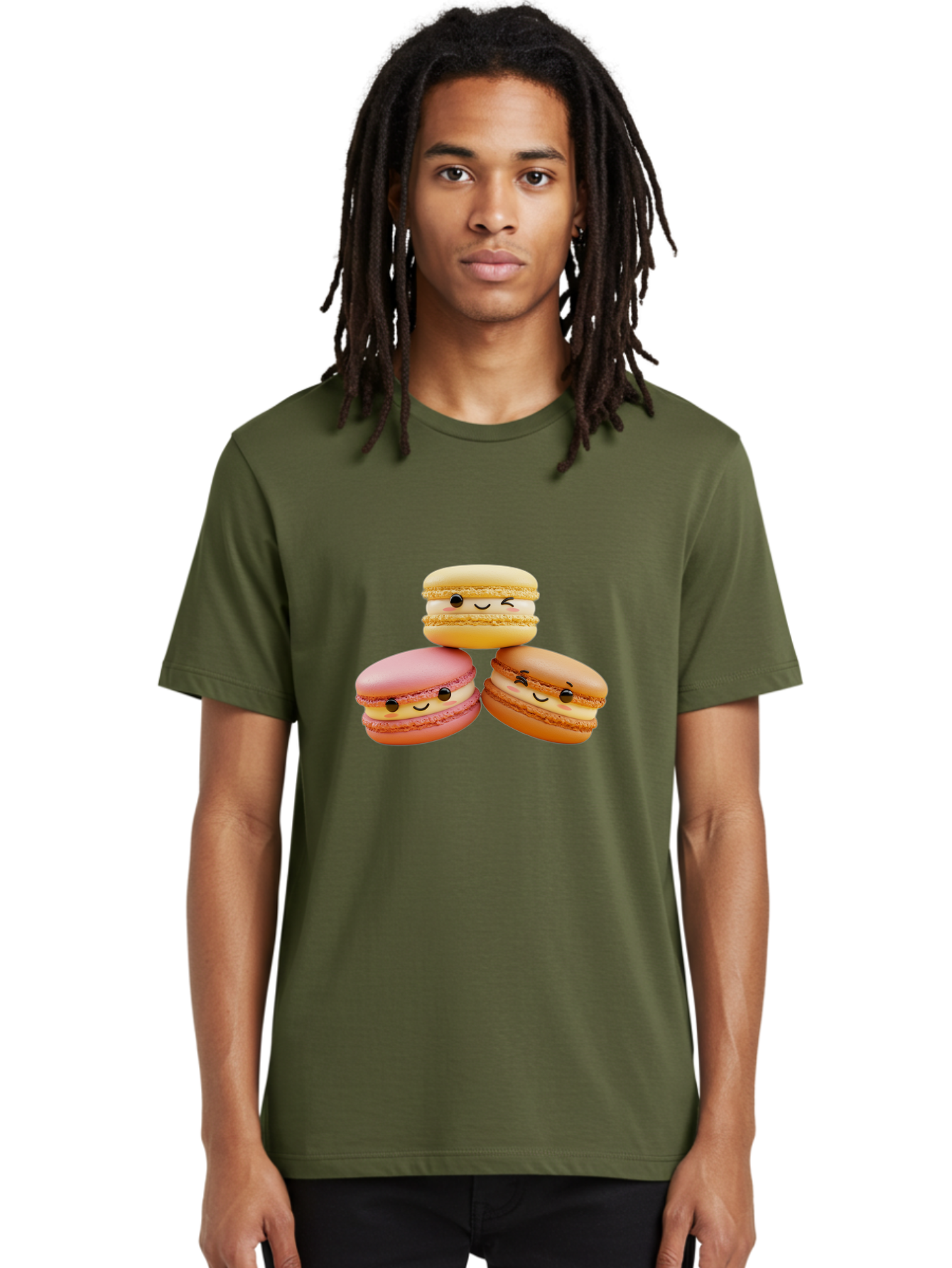 Smiling-Macarons-2 Men'S Graphic Tee, 100% Cotton, Comfortable Casual Summer Wear, Machine Washable, Colorful Macarons, Smiling Faces, Pastel Colors, Sweet Treats, Dessert, French Patisserie, Whimsical Design, Cute Pastries, Bakery Delights Bab419