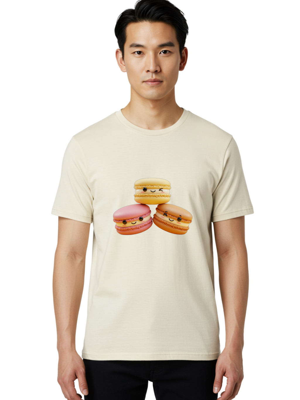 Smiling-Macarons-2 Men'S Graphic Tee, 100% Cotton, Comfortable Casual Summer Wear, Machine Washable, Colorful Macarons, Smiling Faces, Pastel Colors, Sweet Treats, Dessert, French Patisserie, Whimsical Design, Cute Pastries, Bakery Delights Bab419