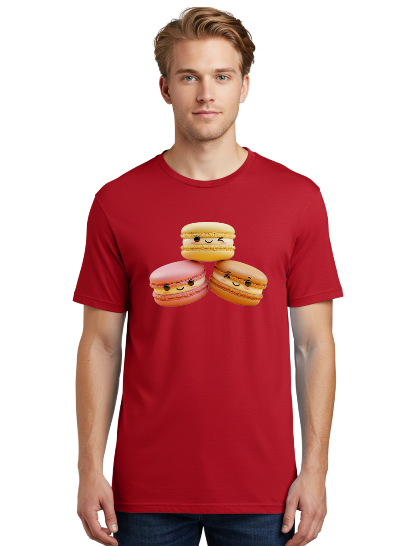 Smiling-Macarons-2 Men'S Graphic Tee, 100% Cotton, Comfortable Casual Summer Wear, Machine Washable, Colorful Macarons, Smiling Faces, Pastel Colors, Sweet Treats, Dessert, French Patisserie, Whimsical Design, Cute Pastries, Bakery Delights Bab419