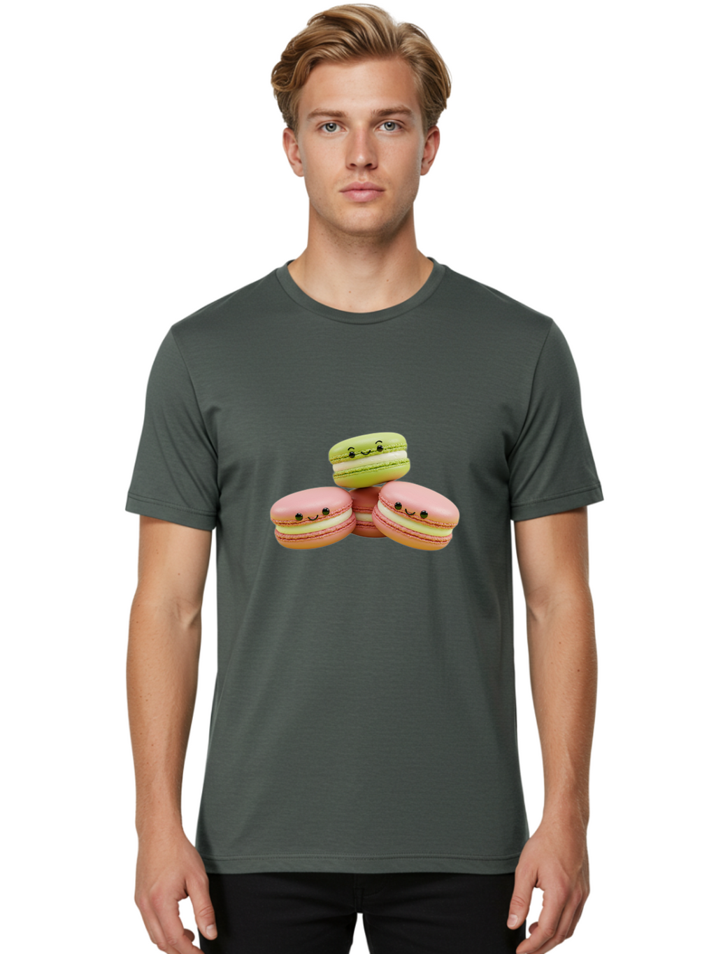 Smiling-Macarons-3 Men'S Graphic Tee, 100% Cotton, Comfortable Casual Summer Wear, Machine Washable, Pink And Green Macarons, French Dessert, Cute Emoticons, Smiley Faces, Sweet Treats, Pastel Colors, Dessert Photography Bab420