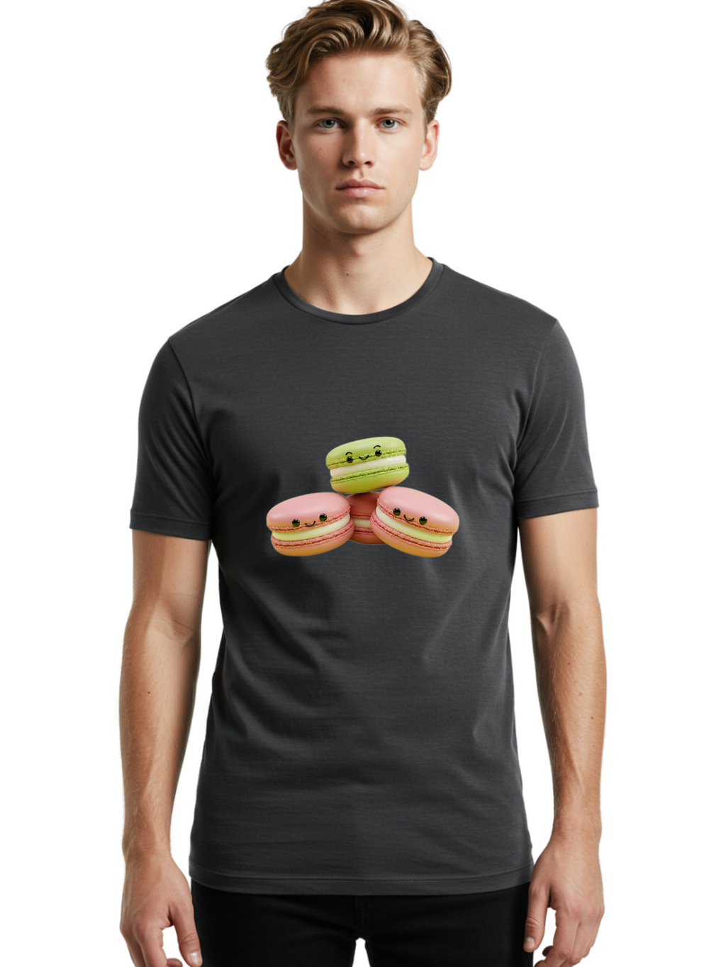 Smiling-Macarons-3 Men'S Graphic Tee, 100% Cotton, Comfortable Casual Summer Wear, Machine Washable, Pink And Green Macarons, French Dessert, Cute Emoticons, Smiley Faces, Sweet Treats, Pastel Colors, Dessert Photography Bab420