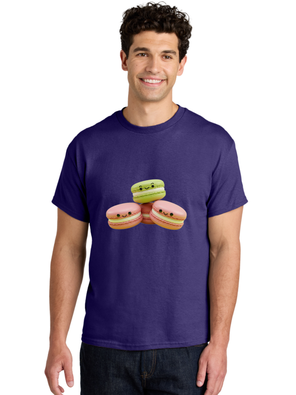 Smiling-Macarons-3 Men'S Graphic Tee, 100% Cotton, Comfortable Casual Summer Wear, Machine Washable, Pink And Green Macarons, French Dessert, Cute Emoticons, Smiley Faces, Sweet Treats, Pastel Colors, Dessert Photography Bab420