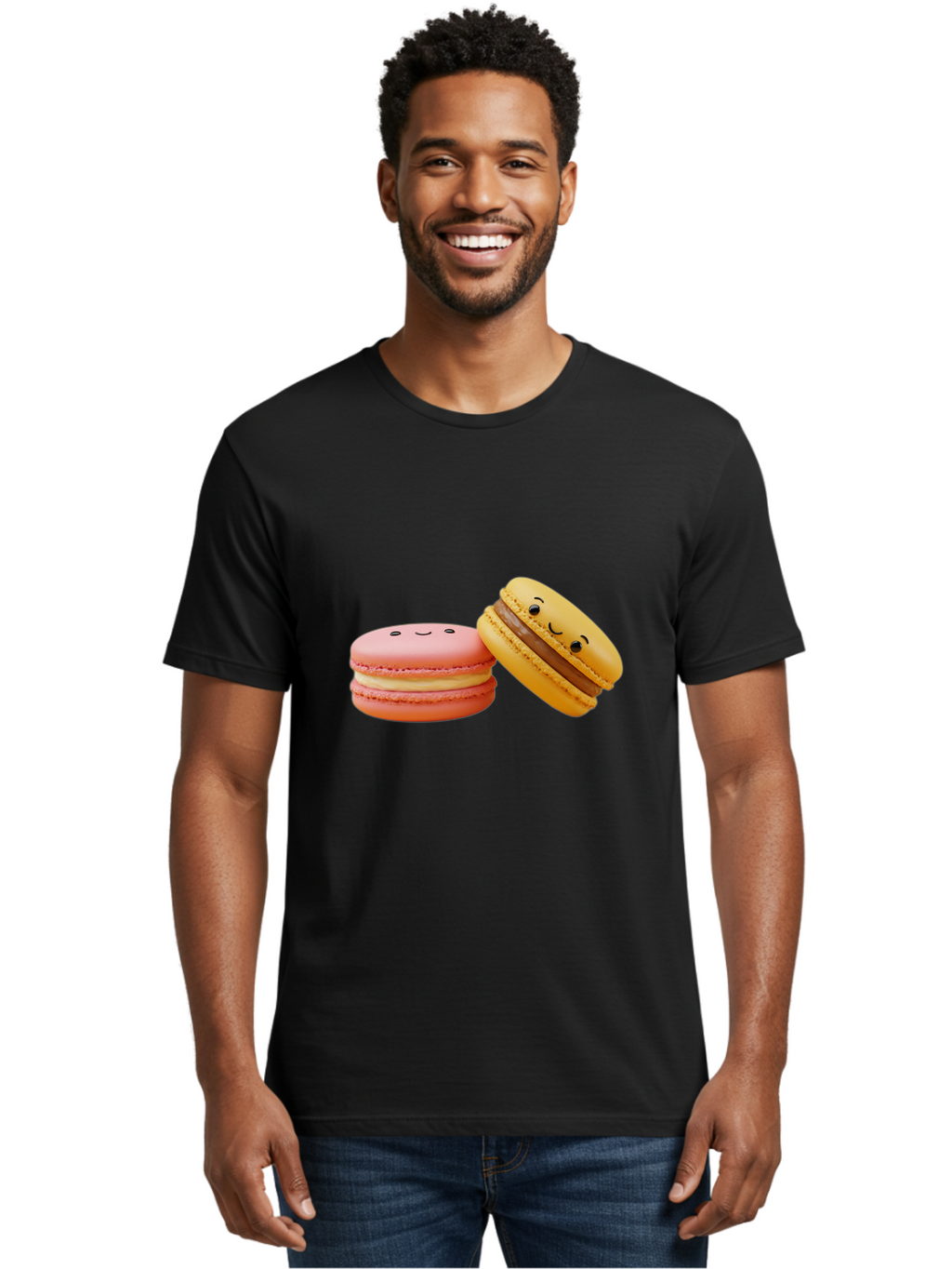 Smiling-Macarons-4 Men'S Graphic Tee, 100% Cotton, Comfortable Casual Summer Wear, Machine Washable, Pink Macaron, Smiling Face, Yellow Macaron, Winking Face, Chocolate Filling, Pastel Colors, Cute Desserts, Sweet Treats, French Patisserie, Bab421
