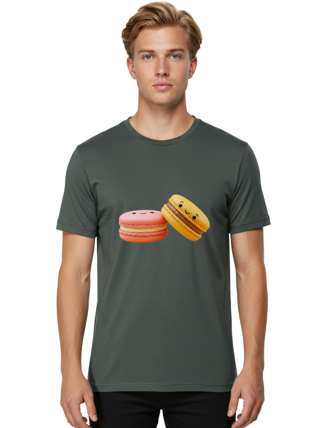 Smiling-Macarons-4 Men'S Graphic Tee, 100% Cotton, Comfortable Casual Summer Wear, Machine Washable, Pink Macaron, Smiling Face, Yellow Macaron, Winking Face, Chocolate Filling, Pastel Colors, Cute Desserts, Sweet Treats, French Patisserie, Bab421