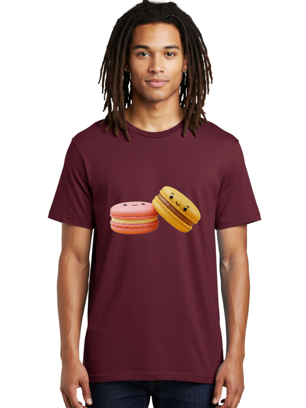 Smiling-Macarons-4 Men'S Graphic Tee, 100% Cotton, Comfortable Casual Summer Wear, Machine Washable, Pink Macaron, Smiling Face, Yellow Macaron, Winking Face, Chocolate Filling, Pastel Colors, Cute Desserts, Sweet Treats, French Patisserie, Bab421