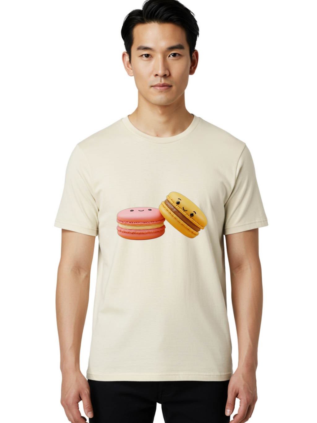 Smiling-Macarons-4 Men'S Graphic Tee, 100% Cotton, Comfortable Casual Summer Wear, Machine Washable, Pink Macaron, Smiling Face, Yellow Macaron, Winking Face, Chocolate Filling, Pastel Colors, Cute Desserts, Sweet Treats, French Patisserie, Bab421