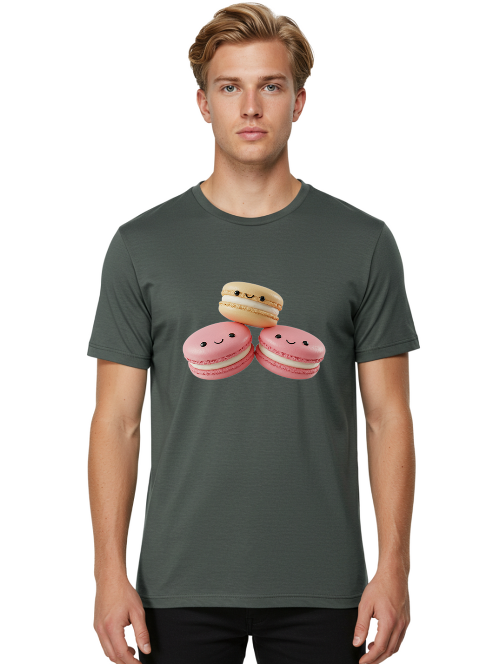 Smiling-Macarons-5 Men'S Graphic Tee, 100% Cotton, Comfortable Casual Summer Wear, Machine Washable, Pink Macarons, Smiling Face, Cute Desserts, French Pastries, White Filling, Beige Macaron, Adorable Treats, Sweet Delights, Happy Faces, Bab422