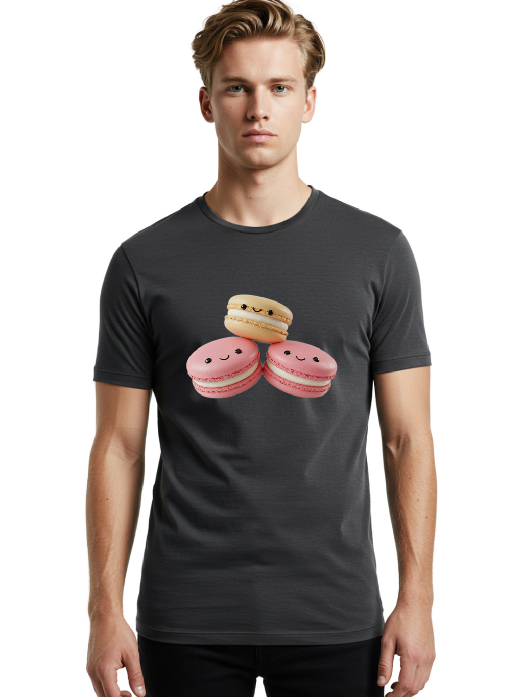 Smiling-Macarons-5 Men'S Graphic Tee, 100% Cotton, Comfortable Casual Summer Wear, Machine Washable, Pink Macarons, Smiling Face, Cute Desserts, French Pastries, White Filling, Beige Macaron, Adorable Treats, Sweet Delights, Happy Faces, Bab422