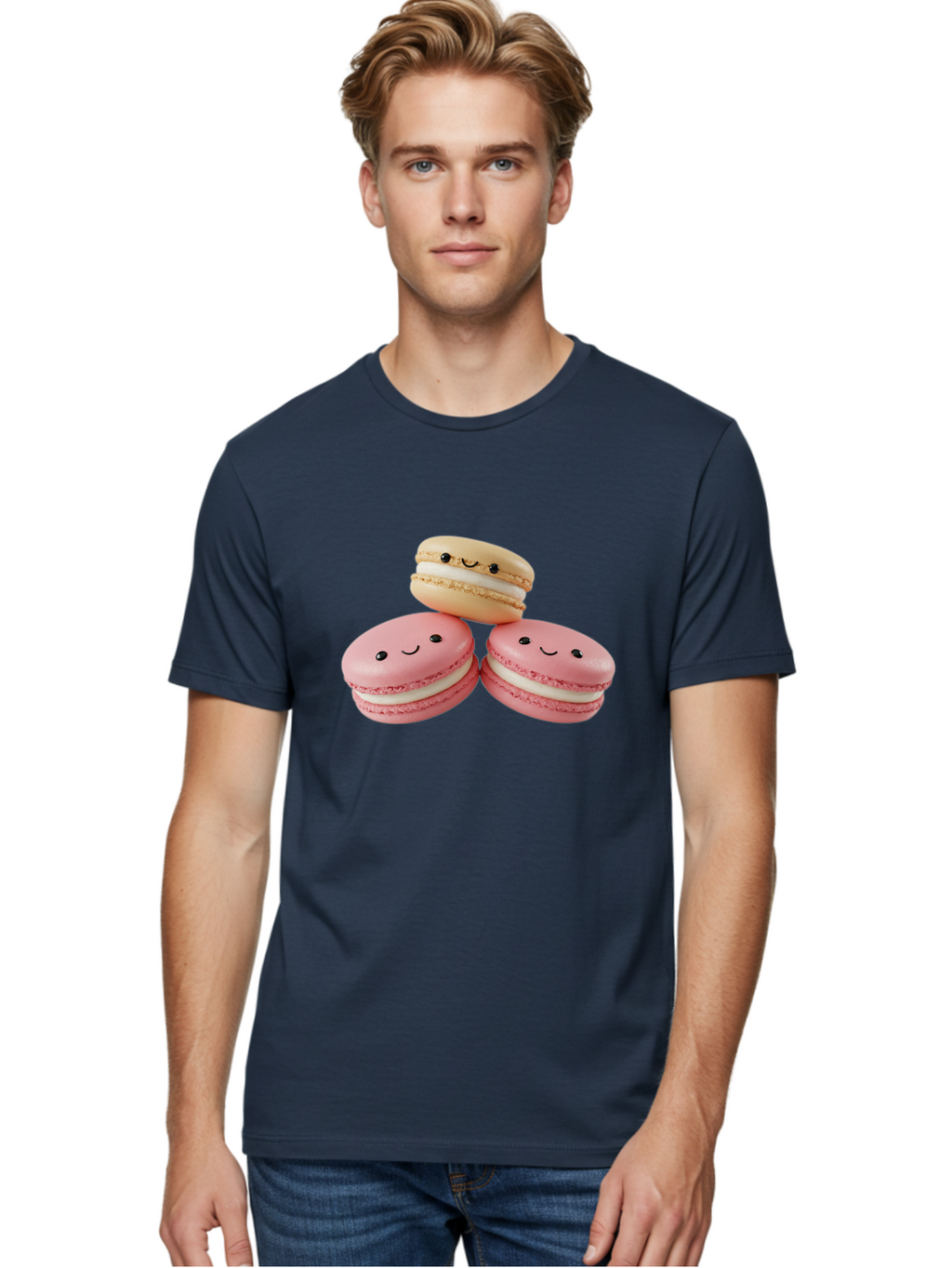 Smiling-Macarons-5 Men'S Graphic Tee, 100% Cotton, Comfortable Casual Summer Wear, Machine Washable, Pink Macarons, Smiling Face, Cute Desserts, French Pastries, White Filling, Beige Macaron, Adorable Treats, Sweet Delights, Happy Faces, Bab422