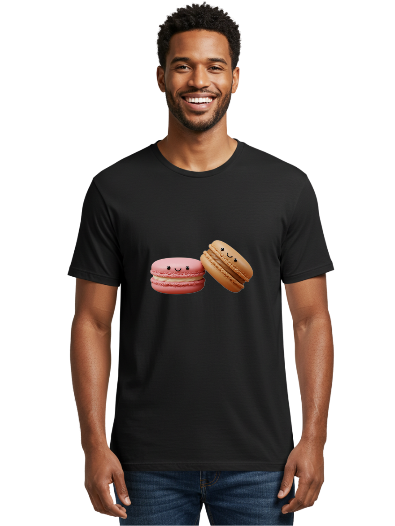 Smiling-Macarons-6 Men'S Graphic Tee, 100% Cotton, Comfortable Casual Summer Wear, Machine Washable, Pink Macaron, Beige Macaron, French Dessert, Sweet Treats, Smiling Faces, Cute Pastries, Delicious Macarons, Bakery Delights Bab423