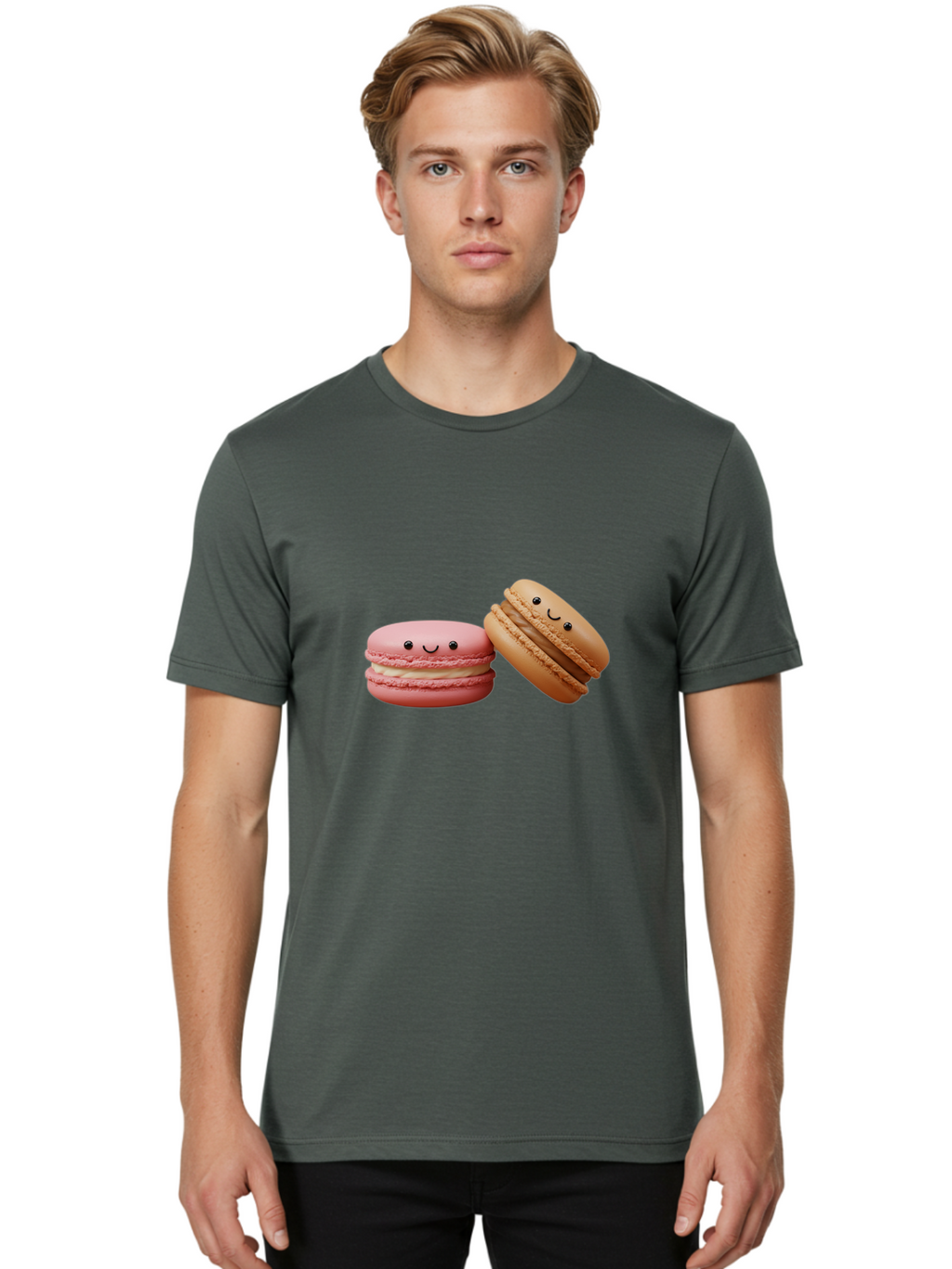 Smiling-Macarons-6 Men'S Graphic Tee, 100% Cotton, Comfortable Casual Summer Wear, Machine Washable, Pink Macaron, Beige Macaron, French Dessert, Sweet Treats, Smiling Faces, Cute Pastries, Delicious Macarons, Bakery Delights Bab423