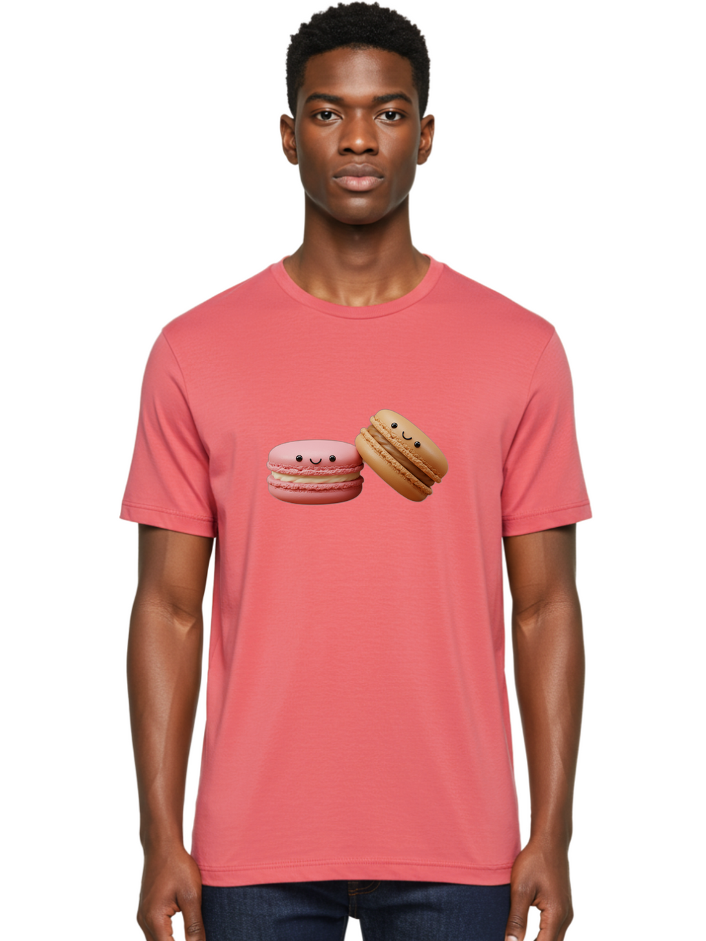 Smiling-Macarons-6 Men'S Graphic Tee, 100% Cotton, Comfortable Casual Summer Wear, Machine Washable, Pink Macaron, Beige Macaron, French Dessert, Sweet Treats, Smiling Faces, Cute Pastries, Delicious Macarons, Bakery Delights Bab423