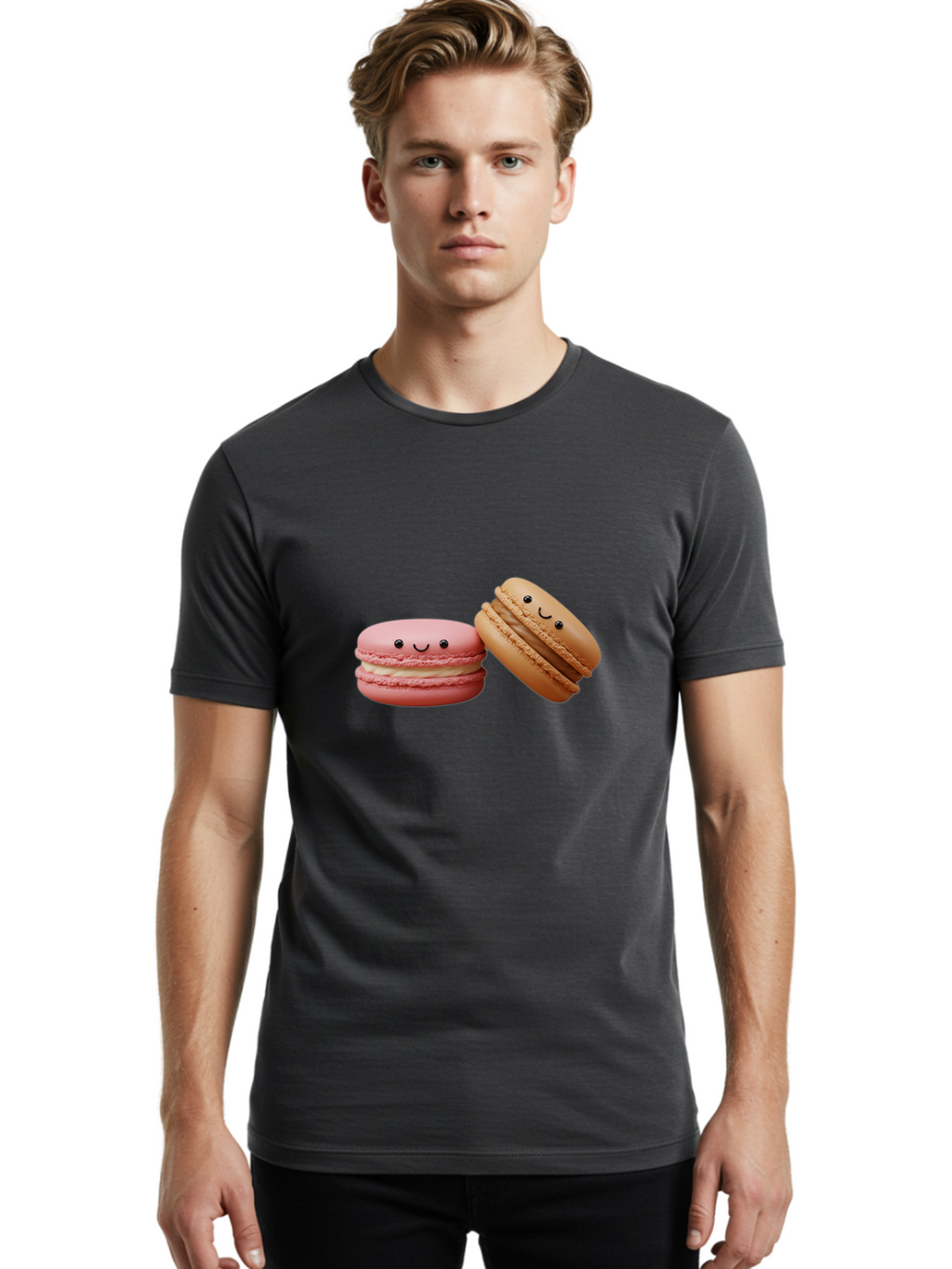 Smiling-Macarons-6 Men'S Graphic Tee, 100% Cotton, Comfortable Casual Summer Wear, Machine Washable, Pink Macaron, Beige Macaron, French Dessert, Sweet Treats, Smiling Faces, Cute Pastries, Delicious Macarons, Bakery Delights Bab423