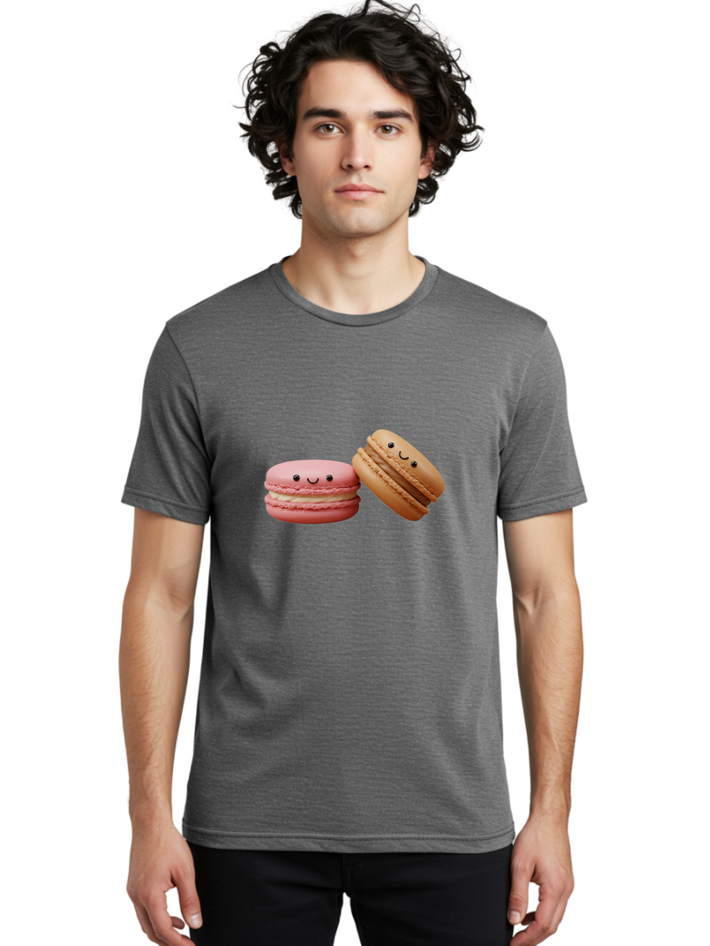 Smiling-Macarons-6 Men'S Graphic Tee, 100% Cotton, Comfortable Casual Summer Wear, Machine Washable, Pink Macaron, Beige Macaron, French Dessert, Sweet Treats, Smiling Faces, Cute Pastries, Delicious Macarons, Bakery Delights Bab423
