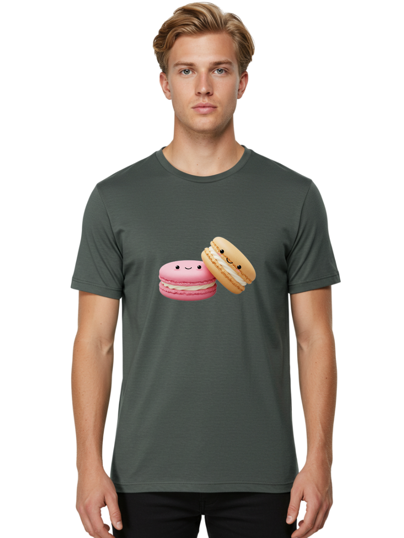 Smiling-Macarons Men'S Graphic Tee, 100% Cotton, Comfortable Casual Summer Wear, Machine Washable, Pink Macaron, Beige Macaron, Smiling Faces, Cute Desserts, White Filling, Adorable Treats, French Pastries, Sweet Delights Bab424