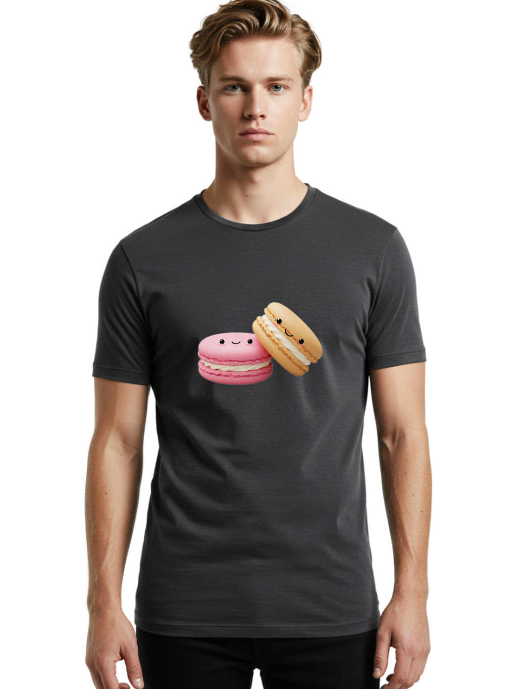 Smiling-Macarons Men'S Graphic Tee, 100% Cotton, Comfortable Casual Summer Wear, Machine Washable, Pink Macaron, Beige Macaron, Smiling Faces, Cute Desserts, White Filling, Adorable Treats, French Pastries, Sweet Delights Bab424