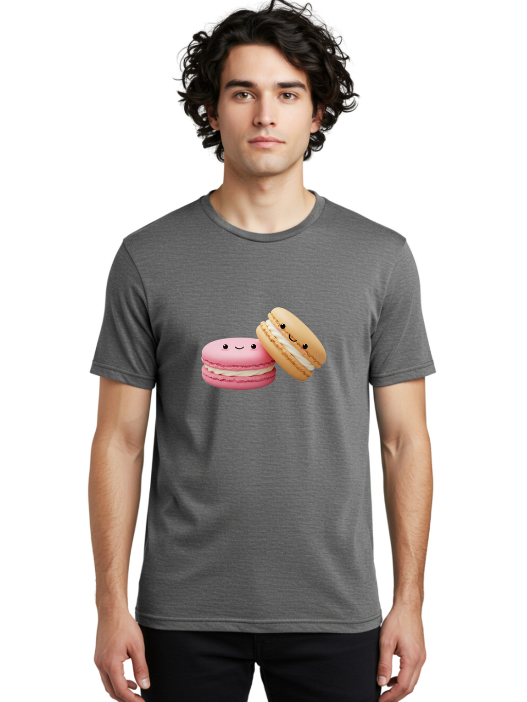Smiling-Macarons Men'S Graphic Tee, 100% Cotton, Comfortable Casual Summer Wear, Machine Washable, Pink Macaron, Beige Macaron, Smiling Faces, Cute Desserts, White Filling, Adorable Treats, French Pastries, Sweet Delights Bab424