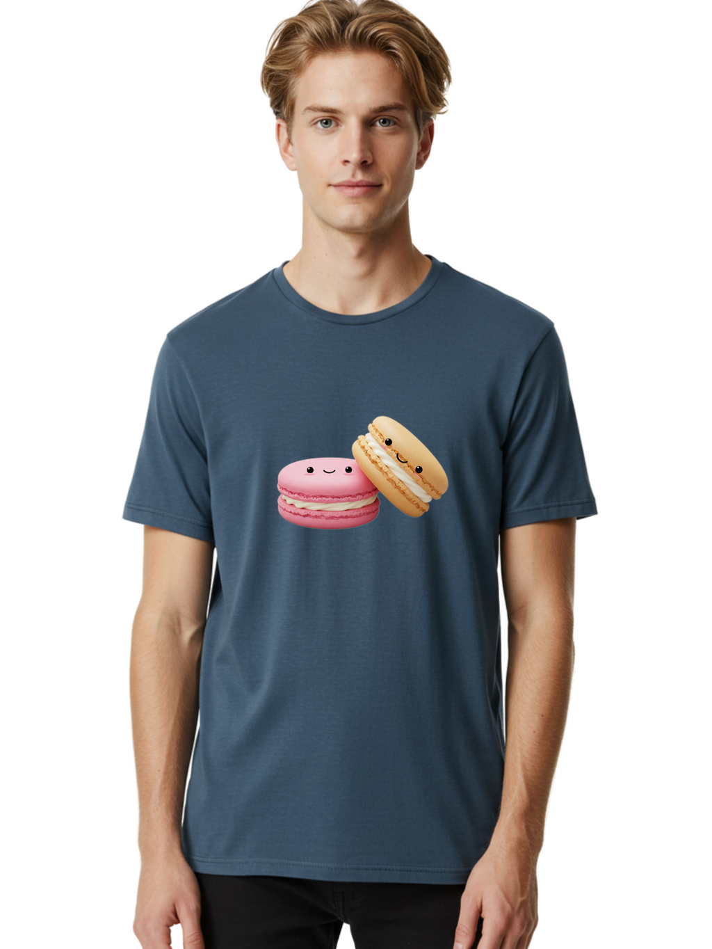 Smiling-Macarons Men'S Graphic Tee, 100% Cotton, Comfortable Casual Summer Wear, Machine Washable, Pink Macaron, Beige Macaron, Smiling Faces, Cute Desserts, White Filling, Adorable Treats, French Pastries, Sweet Delights Bab424
