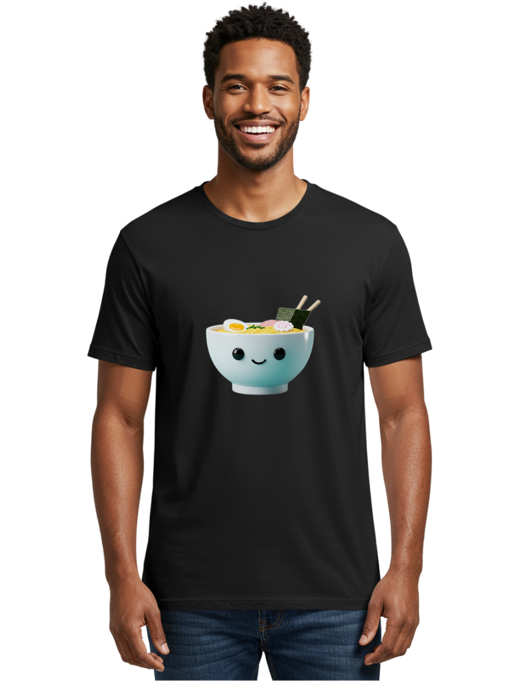 Smiling-Ramen-Bowl Men'S Graphic Tee, 100% Cotton, Comfortable Casual Summer Wear, Machine Washable, Steaming Bowl Of Ramen, Japanese Cuisine, Kawaii Food, Cartoon Character, Noodle Soup, Boiled Egg, Seaweed, Chopsticks, Smiling Face, Bab426
