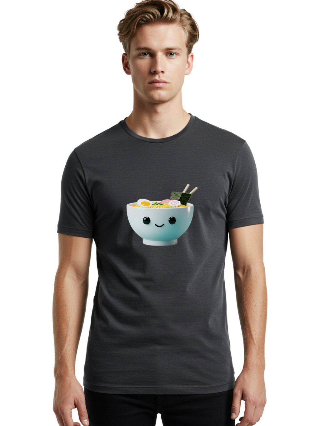 Smiling-Ramen-Bowl Men'S Graphic Tee, 100% Cotton, Comfortable Casual Summer Wear, Machine Washable, Steaming Bowl Of Ramen, Japanese Cuisine, Kawaii Food, Cartoon Character, Noodle Soup, Boiled Egg, Seaweed, Chopsticks, Smiling Face, Bab426