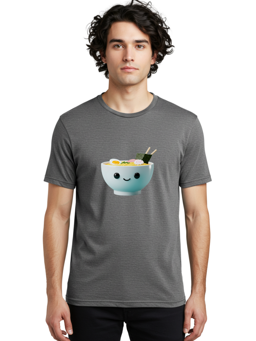 Smiling-Ramen-Bowl Men'S Graphic Tee, 100% Cotton, Comfortable Casual Summer Wear, Machine Washable, Steaming Bowl Of Ramen, Japanese Cuisine, Kawaii Food, Cartoon Character, Noodle Soup, Boiled Egg, Seaweed, Chopsticks, Smiling Face, Bab426