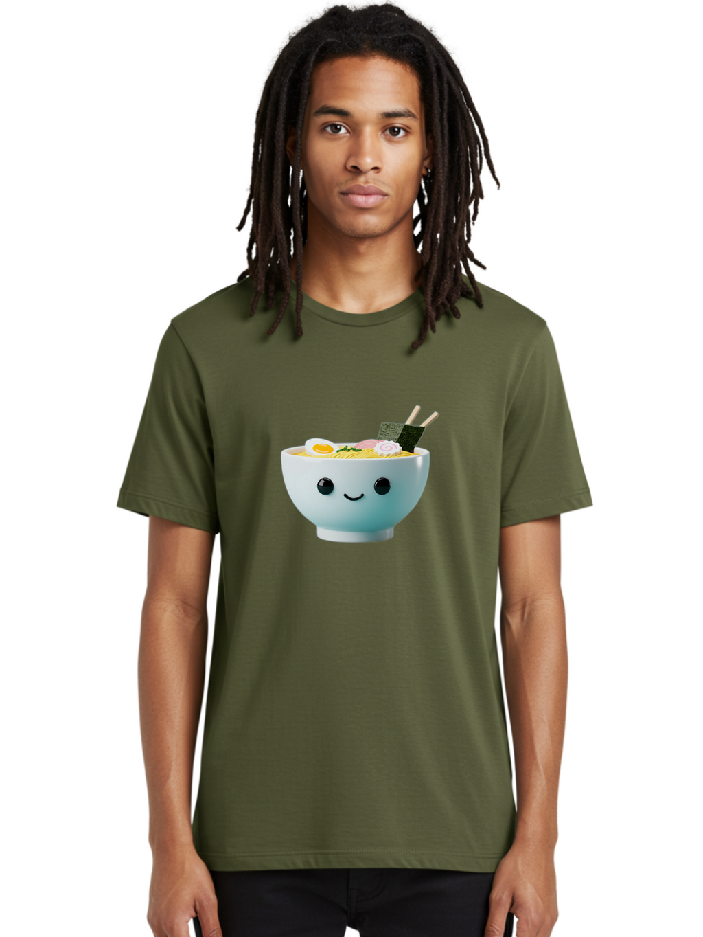 Smiling-Ramen-Bowl Men'S Graphic Tee, 100% Cotton, Comfortable Casual Summer Wear, Machine Washable, Steaming Bowl Of Ramen, Japanese Cuisine, Kawaii Food, Cartoon Character, Noodle Soup, Boiled Egg, Seaweed, Chopsticks, Smiling Face, Bab426