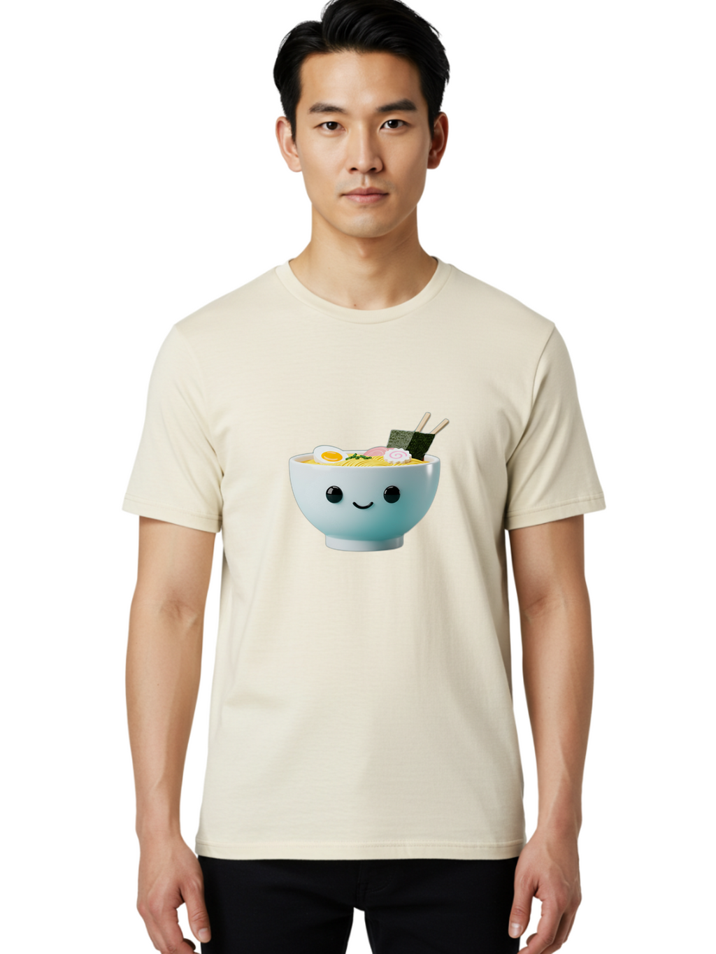 Smiling-Ramen-Bowl Men'S Graphic Tee, 100% Cotton, Comfortable Casual Summer Wear, Machine Washable, Steaming Bowl Of Ramen, Japanese Cuisine, Kawaii Food, Cartoon Character, Noodle Soup, Boiled Egg, Seaweed, Chopsticks, Smiling Face, Bab426