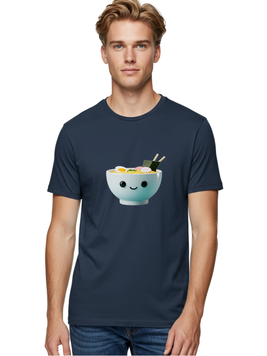 Smiling-Ramen-Bowl Men'S Graphic Tee, 100% Cotton, Comfortable Casual Summer Wear, Machine Washable, Steaming Bowl Of Ramen, Japanese Cuisine, Kawaii Food, Cartoon Character, Noodle Soup, Boiled Egg, Seaweed, Chopsticks, Smiling Face, Bab426