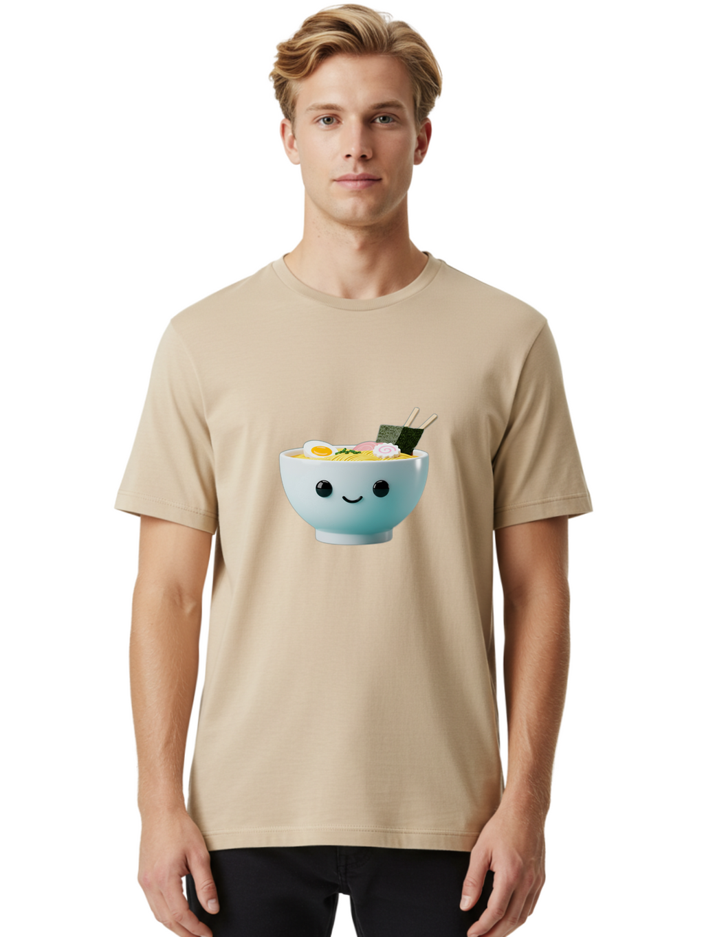 Smiling-Ramen-Bowl Men'S Graphic Tee, 100% Cotton, Comfortable Casual Summer Wear, Machine Washable, Steaming Bowl Of Ramen, Japanese Cuisine, Kawaii Food, Cartoon Character, Noodle Soup, Boiled Egg, Seaweed, Chopsticks, Smiling Face, Bab426