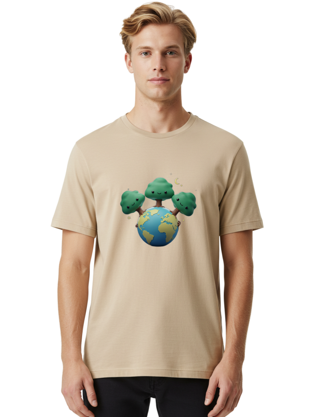 Smiling-Trees-Hugging-Earth Men'S Graphic Tee, 100% Cotton, Comfortable Casual Summer Wear, Machine Washable, Earth With Smiling Trees, Eco-Friendly, Environmental Awareness, Conservation, Sustainable Living, Cartoon Globe, Happy Planet, Bab427