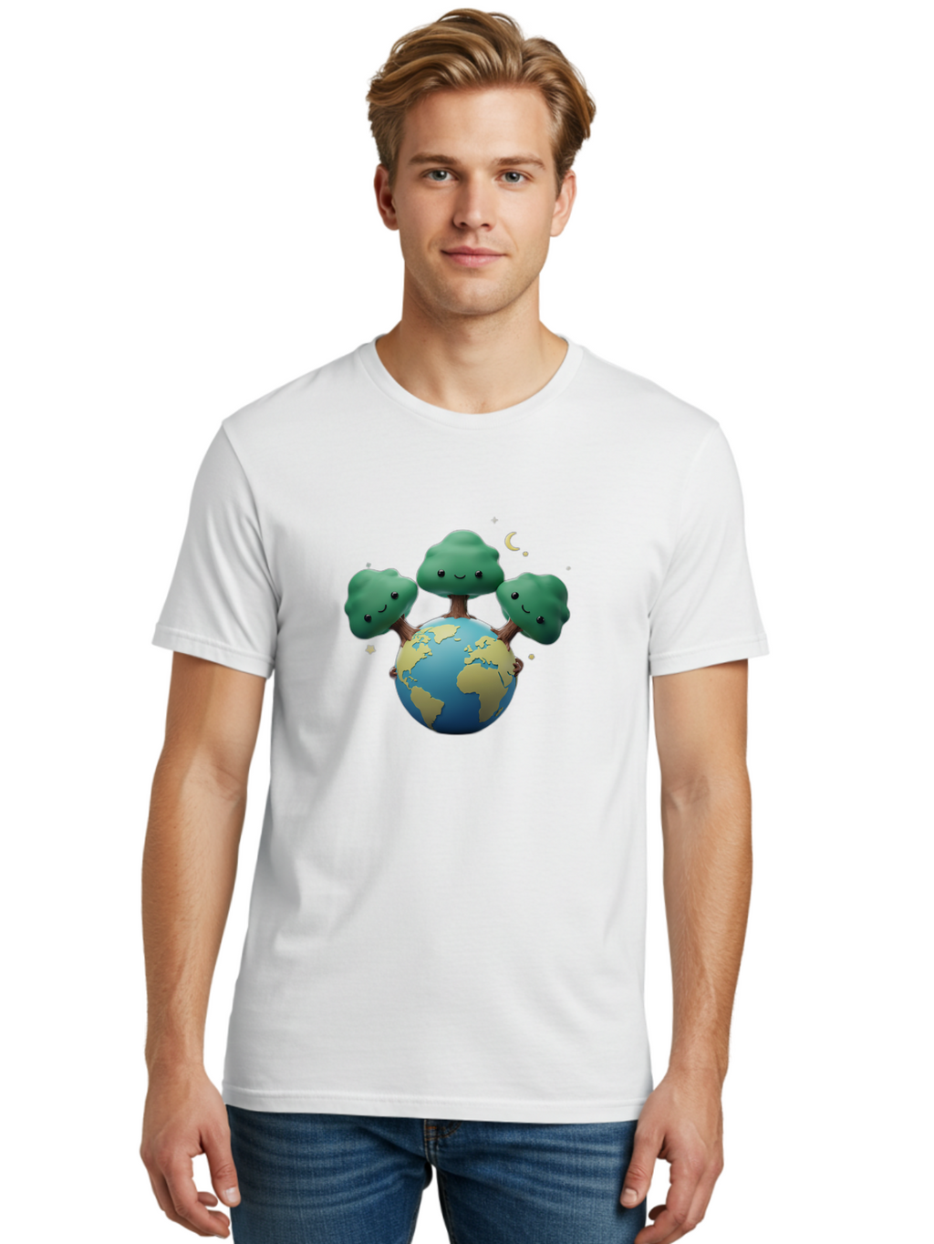 Smiling-Trees-Hugging-Earth Men'S Graphic Tee, 100% Cotton, Comfortable Casual Summer Wear, Machine Washable, Earth With Smiling Trees, Eco-Friendly, Environmental Awareness, Conservation, Sustainable Living, Cartoon Globe, Happy Planet, Bab427